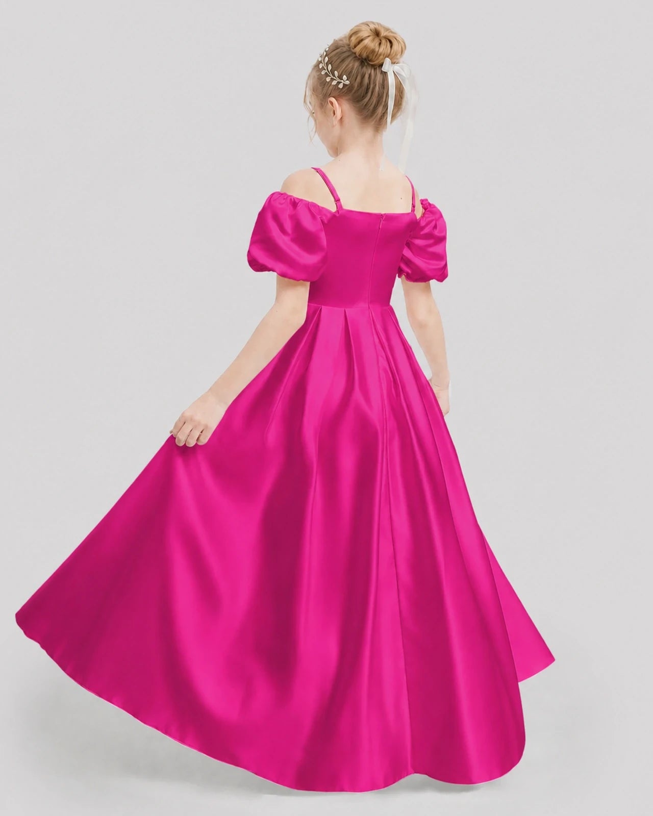Dideyttawl Off the Shoulder Puff Sleeve Satin Girl Formal Dress