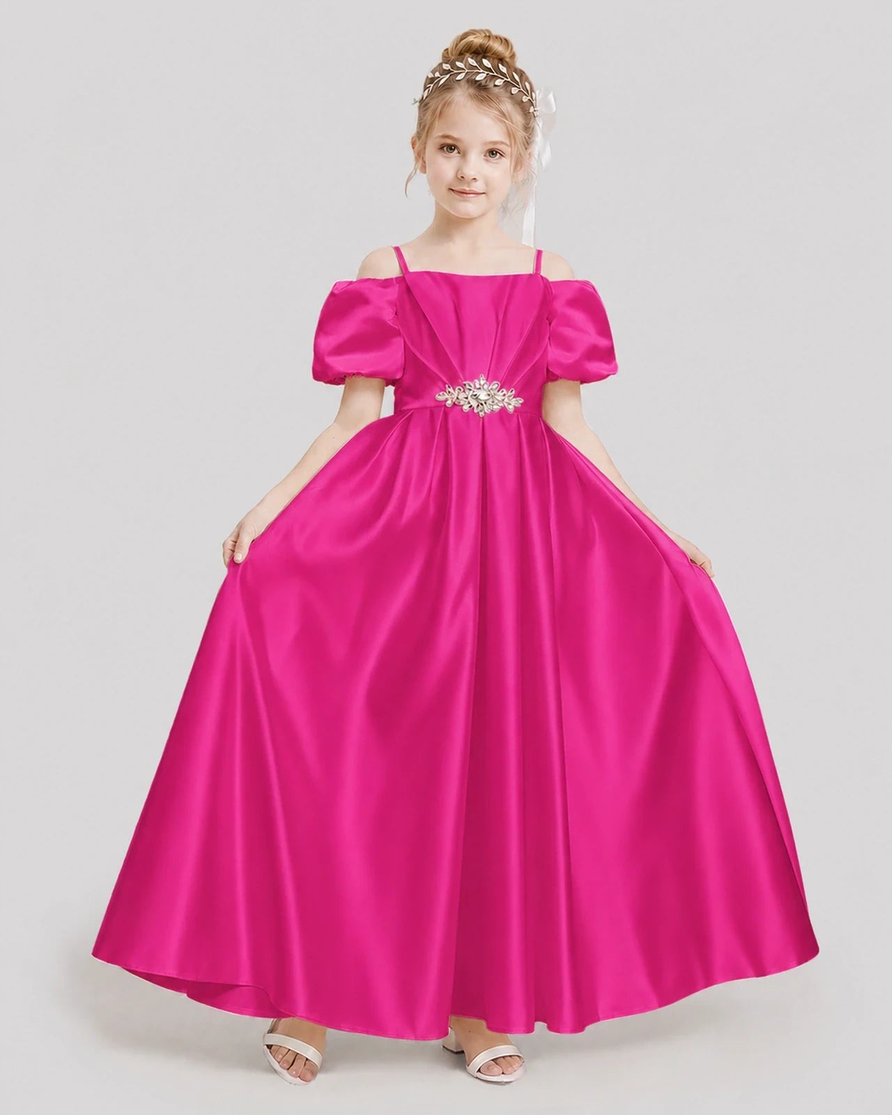 Dideyttawl Off the Shoulder Puff Sleeve Satin Girl Formal Dress
