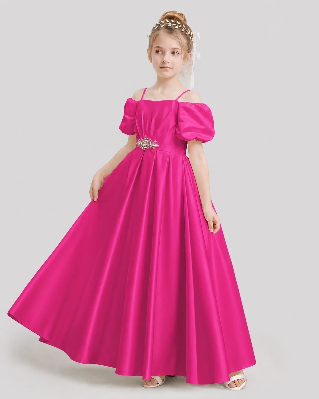 Dideyttawl Off the Shoulder Puff Sleeve Satin Girl Formal Dress