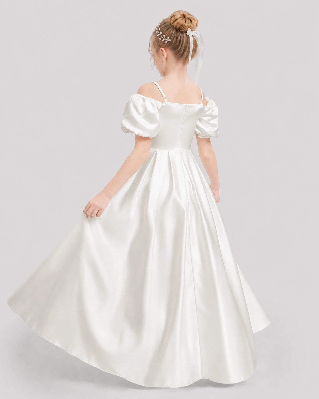 Dideyttawl Off the Shoulder Puff Sleeve Satin Girl Formal Dress