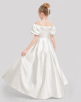 Ivory Satin A-Line Girls Formal Dresses Back View