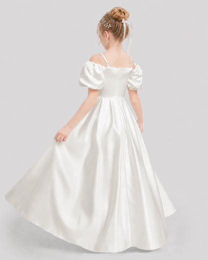Dideyttawl Off the Shoulder Puff Sleeve Satin Girl Formal Dress