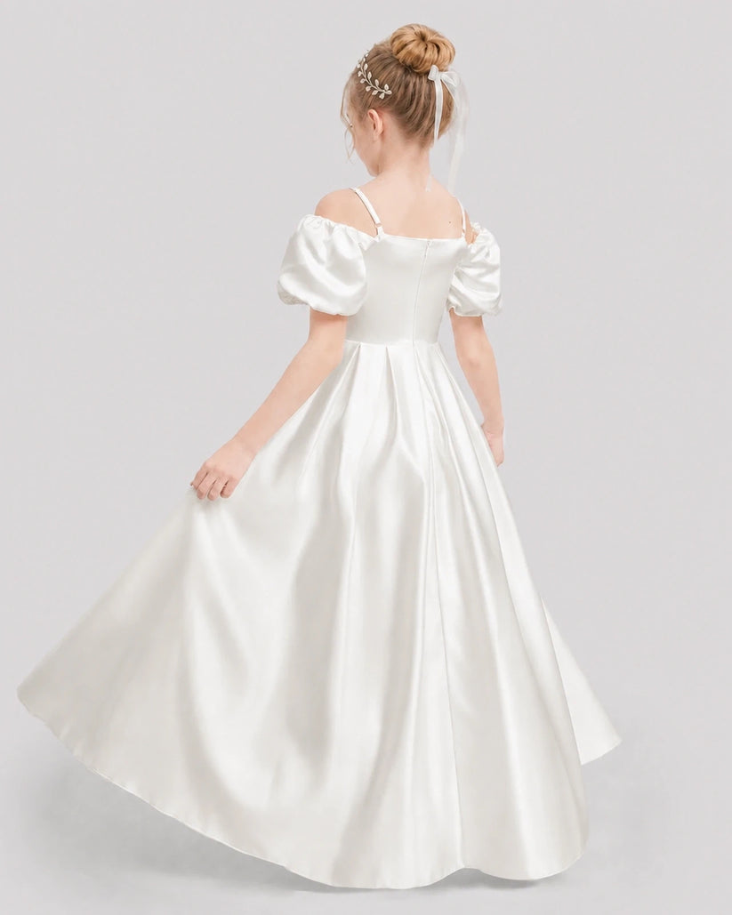 Ivory Satin A-Line Girls Formal Dresses Back View