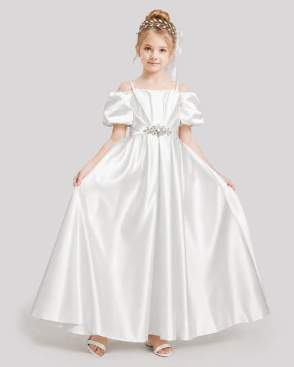 Dideyttawl Off the Shoulder Puff Sleeve Satin Girl Formal Dress