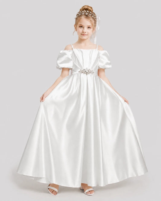 Ivory Satin Off-Shoulder Girls Formal Dresses Front View
