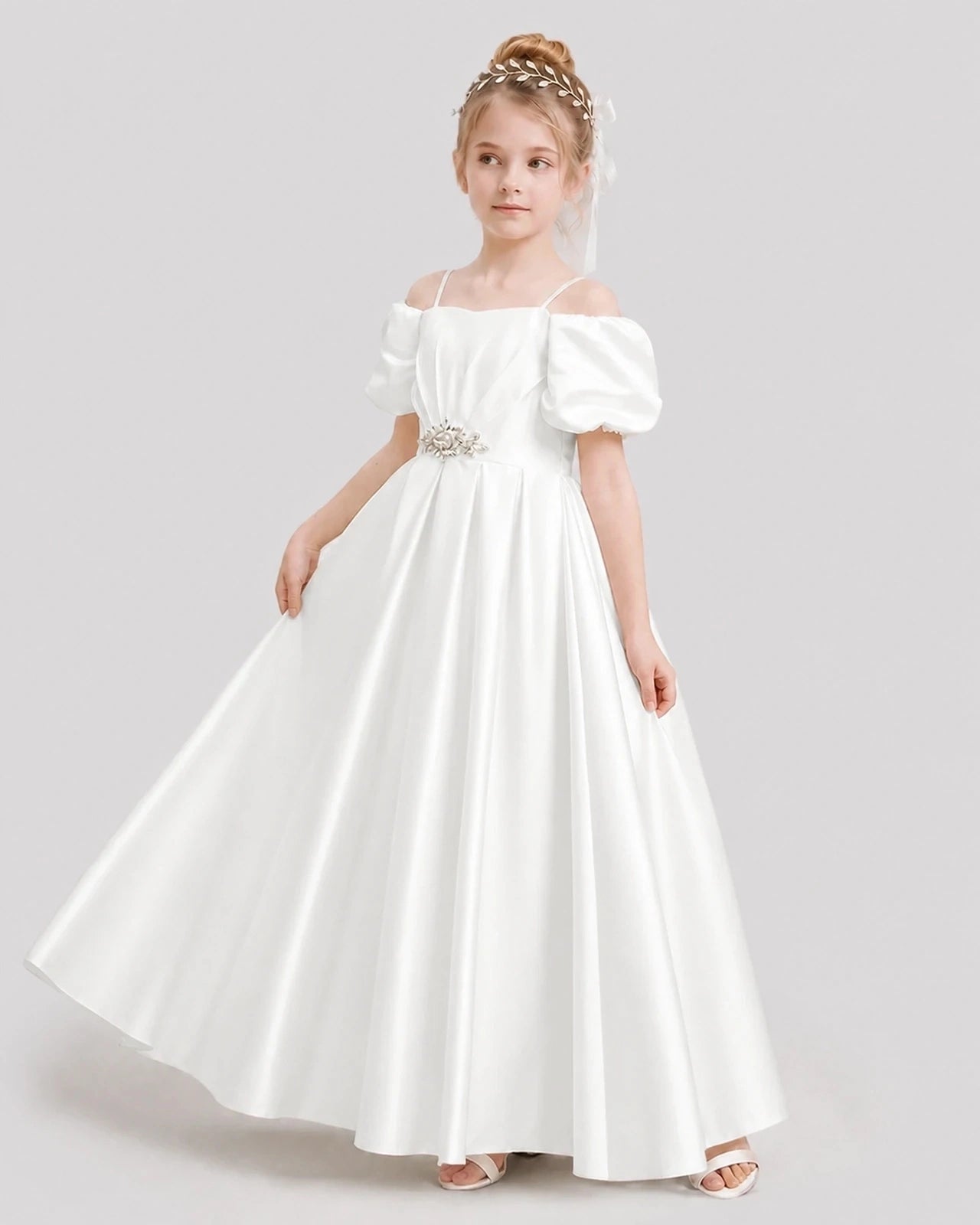 Dideyttawl Off the Shoulder Puff Sleeve Satin Girl Formal Dress