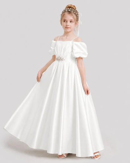 Dideyttawl Off the Shoulder Puff Sleeve Satin Girl Formal Dress