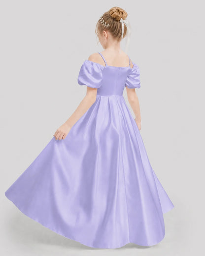 Dideyttawl Off the Shoulder Puff Sleeve Satin Girl Formal Dress