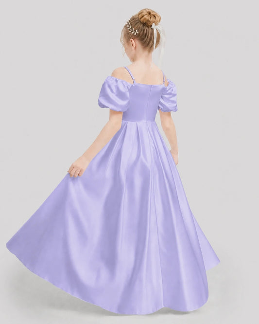 Lavender Satin Off Shoulder Pleated Girls Formal Dresses Back View
