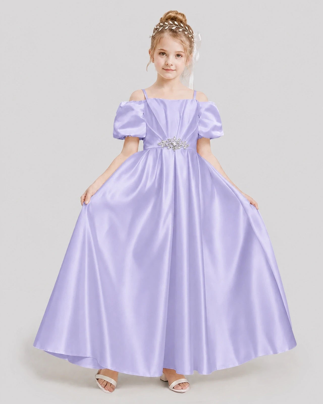 Dideyttawl Off the Shoulder Puff Sleeve Satin Girl Formal Dress