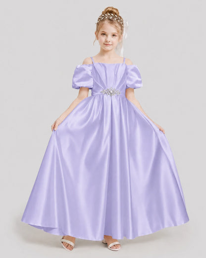 Dideyttawl Off the Shoulder Puff Sleeve Satin Girl Formal Dress