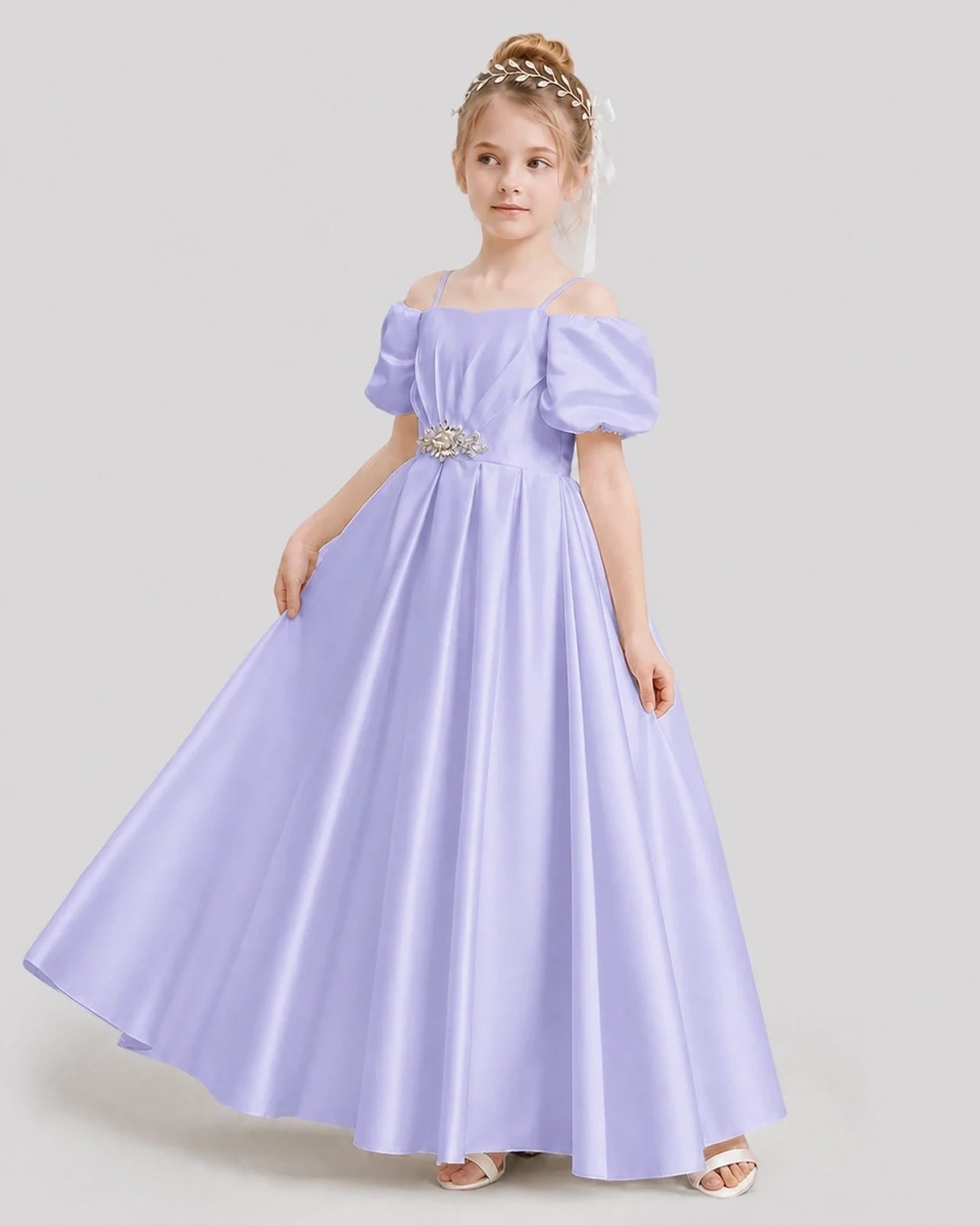 Dideyttawl Off the Shoulder Puff Sleeve Satin Girl Formal Dress