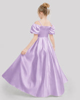 Lilac Satin Cold Shoulder Puff Sleeve Girls Formal Dresses Back View
