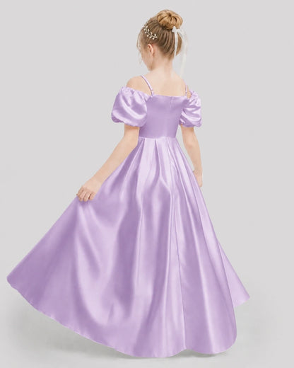 Dideyttawl Off the Shoulder Puff Sleeve Satin Girl Formal Dress