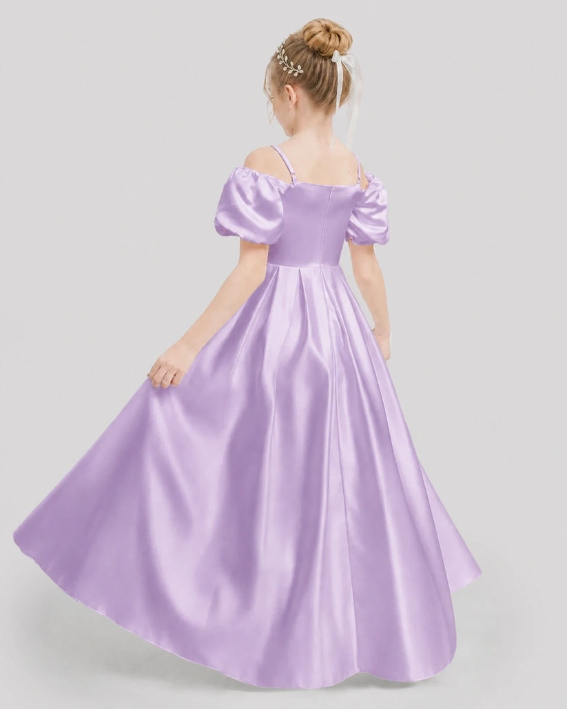 Lilac Satin Cold Shoulder Puff Sleeve Girls Formal Dresses Back View