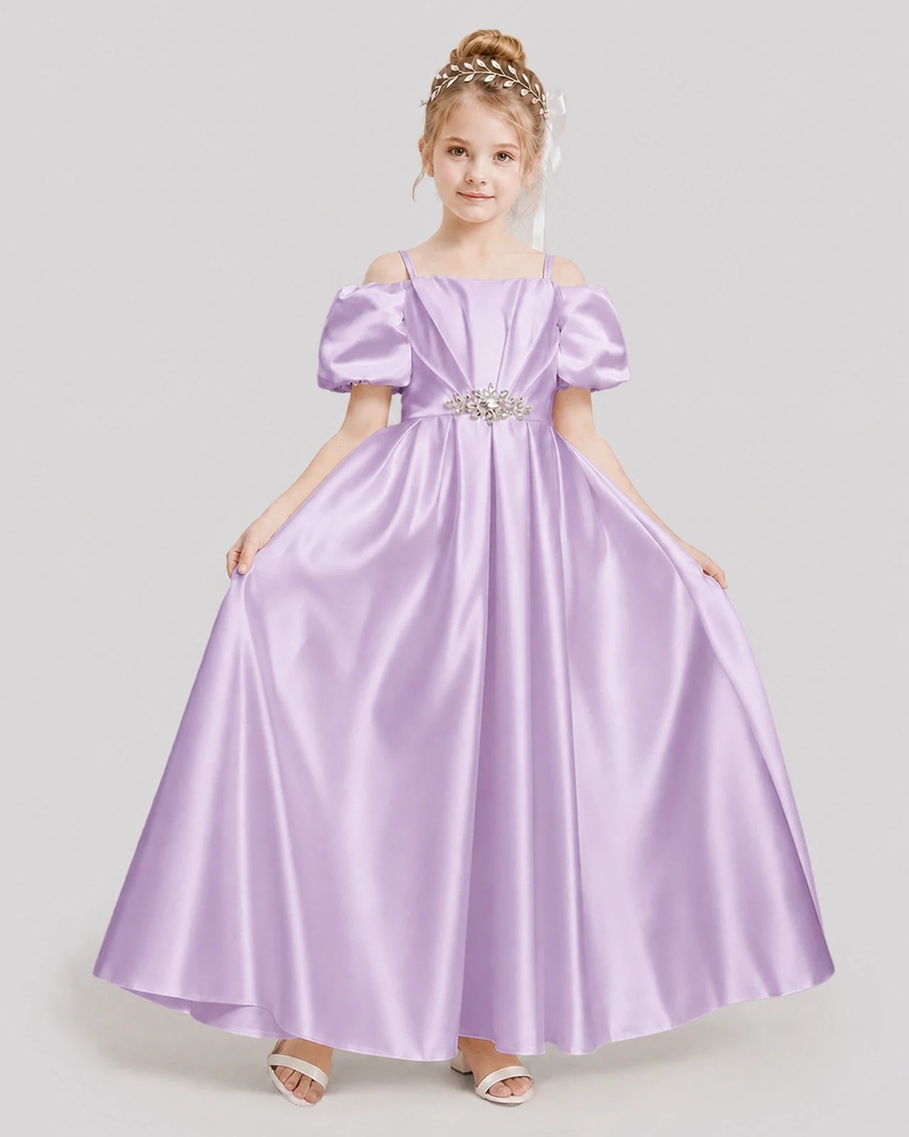Dideyttawl Off the Shoulder Puff Sleeve Satin Girl Formal Dress