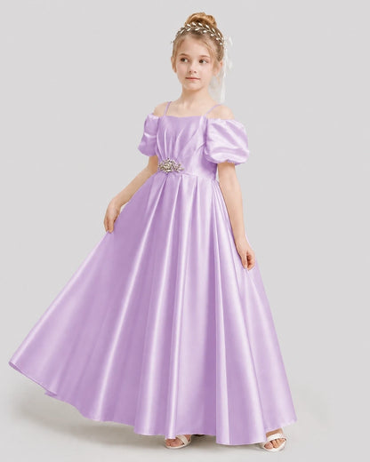 Dideyttawl Off the Shoulder Puff Sleeve Satin Girl Formal Dress