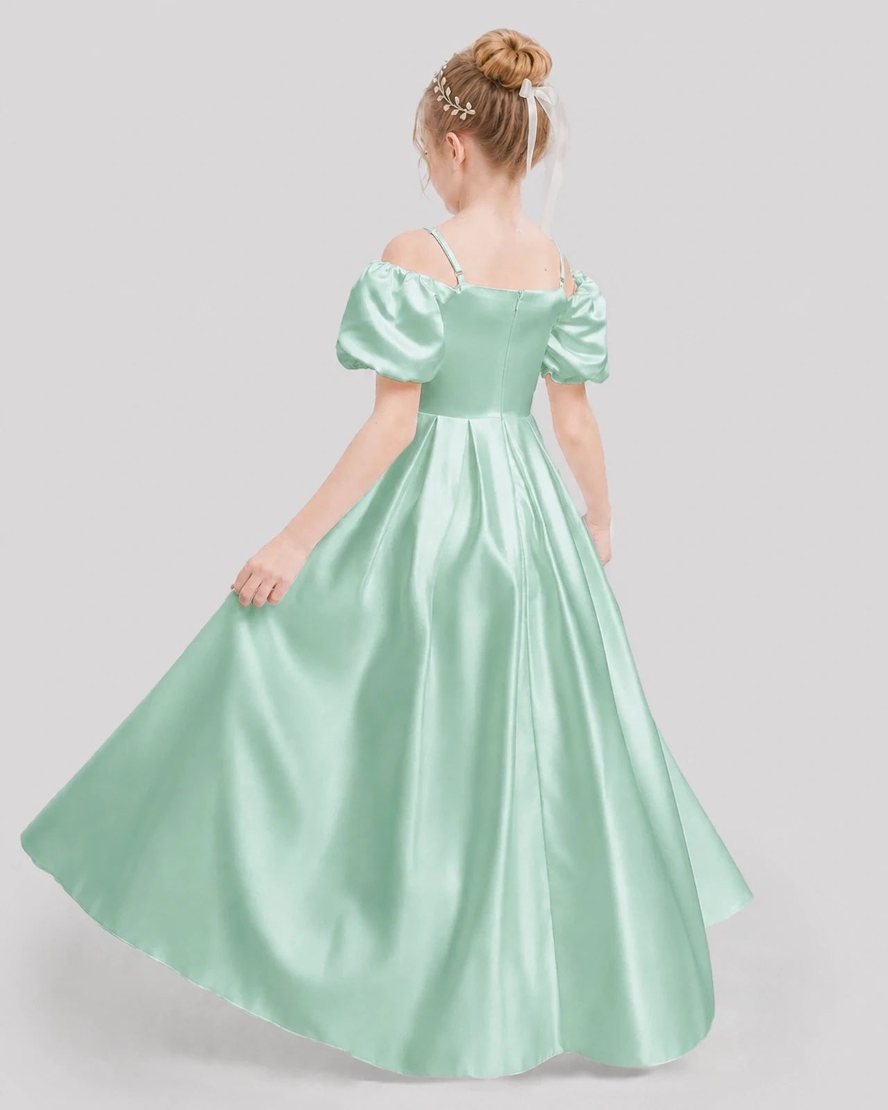 Dideyttawl Off the Shoulder Puff Sleeve Satin Girl Formal Dress