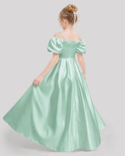 Dideyttawl Off the Shoulder Puff Sleeve Satin Girl Formal Dress