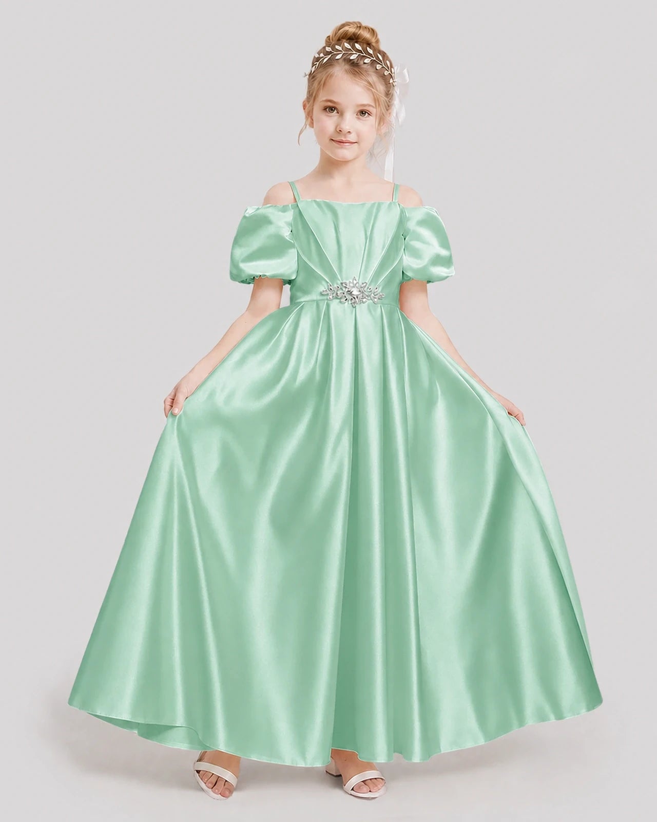 Dideyttawl Off the Shoulder Puff Sleeve Satin Girl Formal Dress
