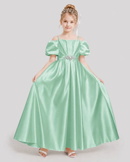 Dideyttawl Off the Shoulder Puff Sleeve Satin Girl Formal Dress