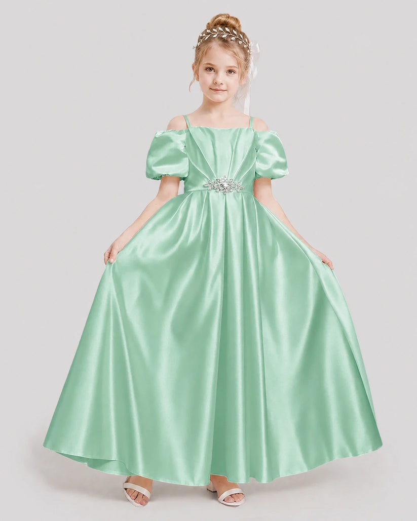 Mint green satin off-shoulder girls formal dress, front view