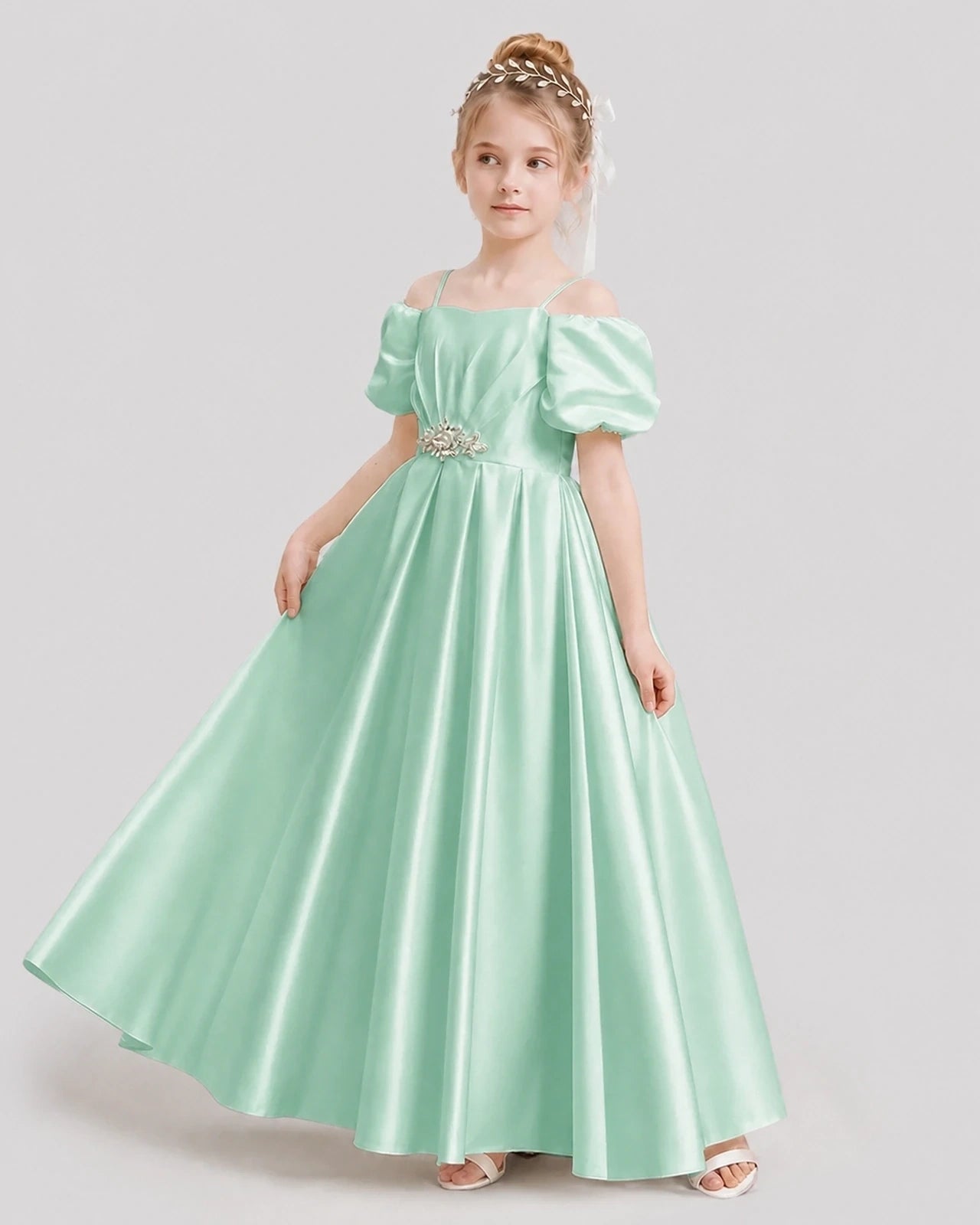 Dideyttawl Off the Shoulder Puff Sleeve Satin Girl Formal Dress