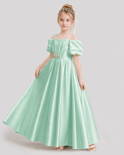 Dideyttawl Off the Shoulder Puff Sleeve Satin Girl Formal Dress