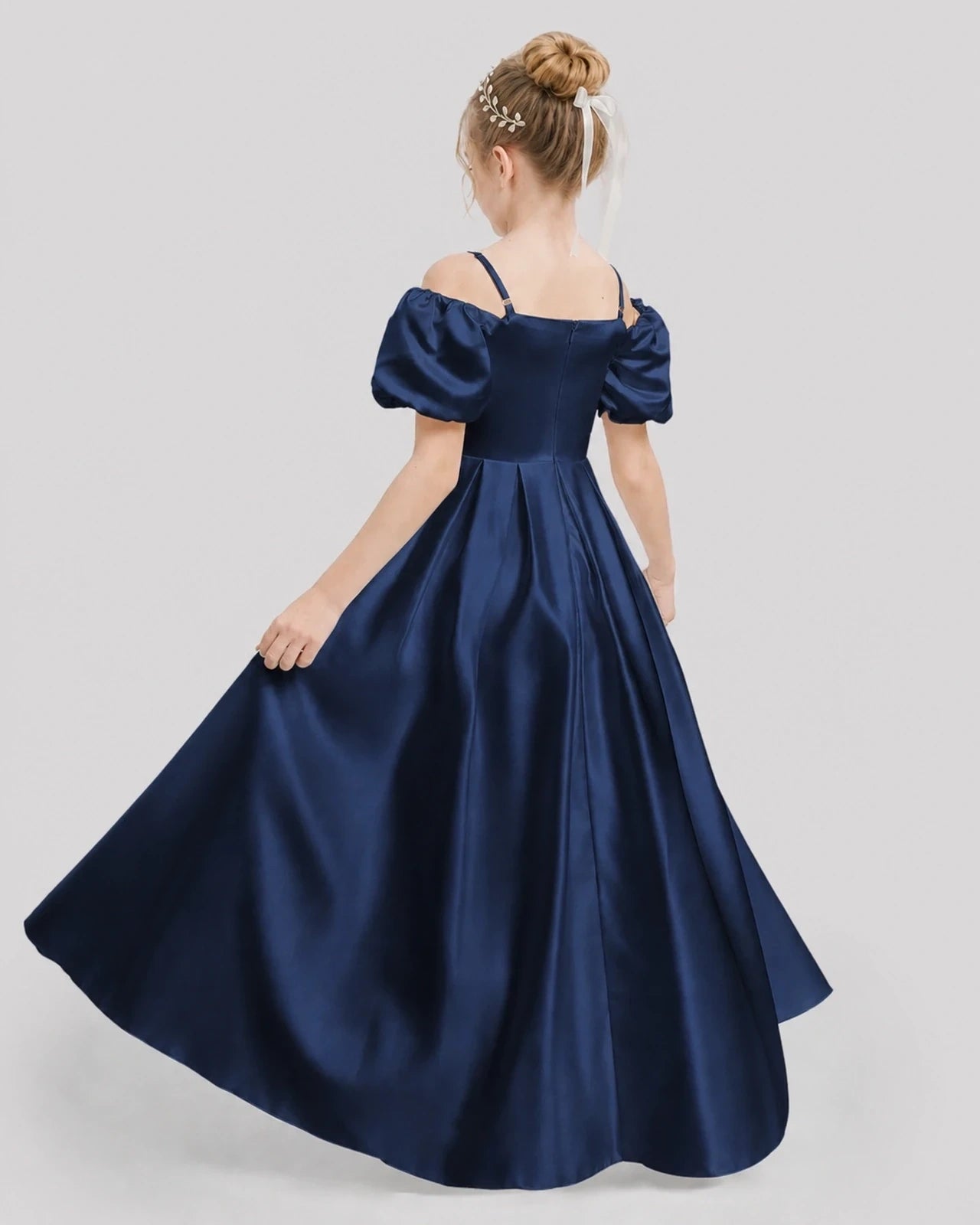 Dideyttawl Off the Shoulder Puff Sleeve Satin Girl Formal Dress