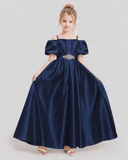 Dideyttawl Off the Shoulder Puff Sleeve Satin Girl Formal Dress
