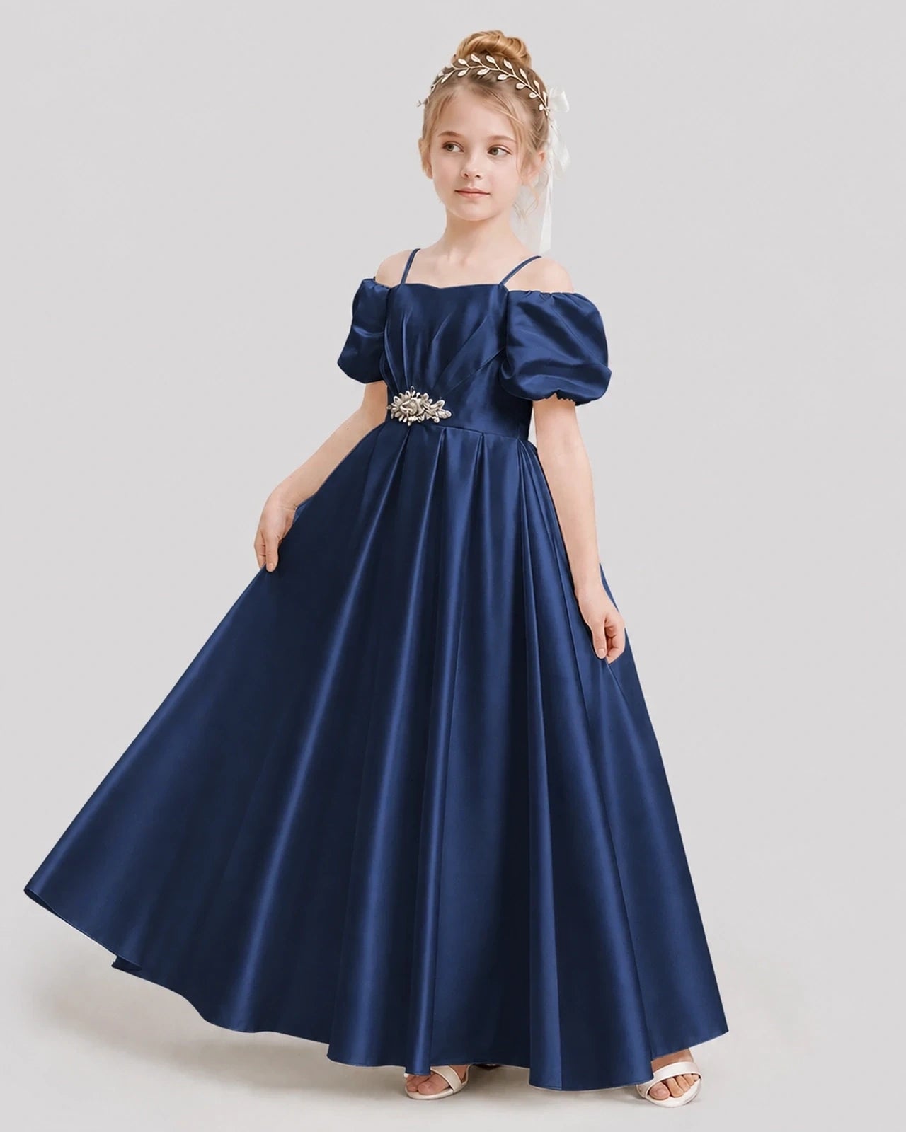 Dideyttawl Off the Shoulder Puff Sleeve Satin Girl Formal Dress