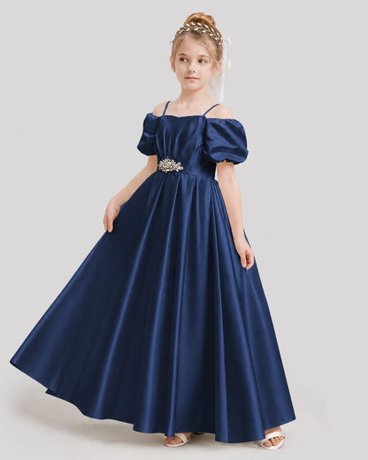 Dideyttawl Off the Shoulder Puff Sleeve Satin Girl Formal Dress