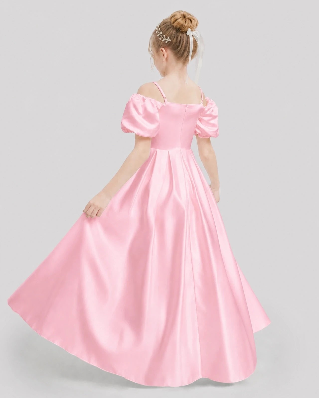 Dideyttawl Off the Shoulder Puff Sleeve Satin Girl Formal Dress
