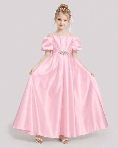Dideyttawl Off the Shoulder Puff Sleeve Satin Girl Formal Dress