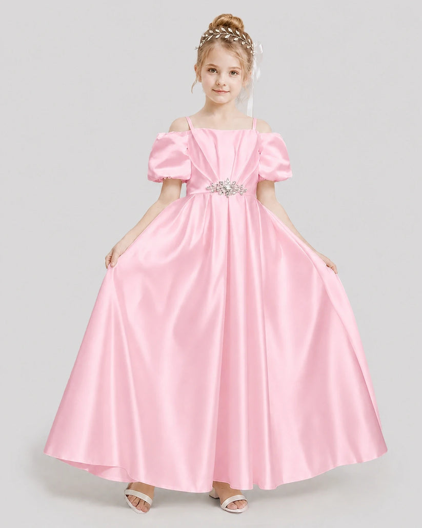 Pink Satin Off-the-Shoulder Girls Formal Dresses Front View