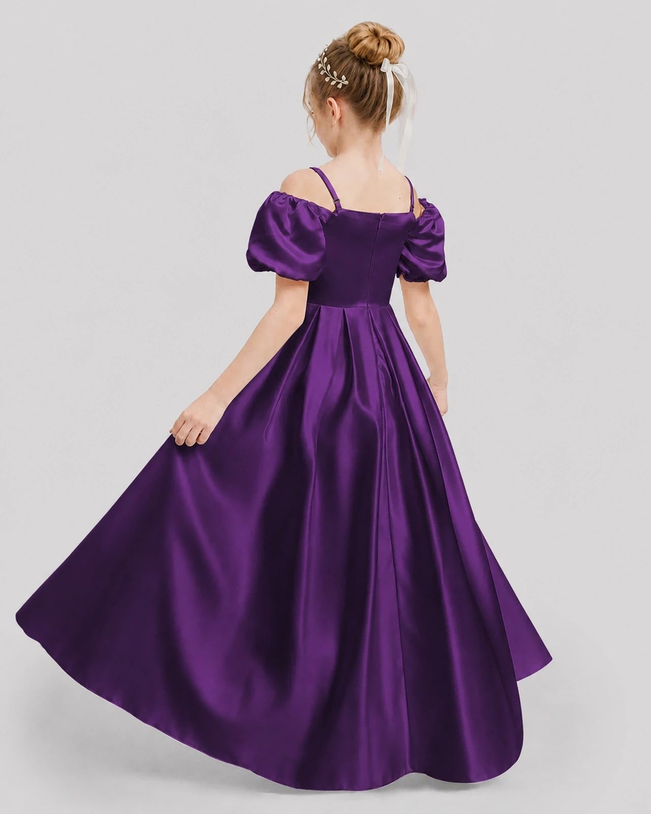 Dideyttawl Off the Shoulder Puff Sleeve Satin Girl Formal Dress