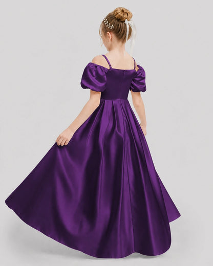Dideyttawl Off the Shoulder Puff Sleeve Satin Girl Formal Dress