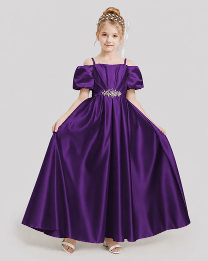 Dideyttawl Off the Shoulder Puff Sleeve Satin Girl Formal Dress