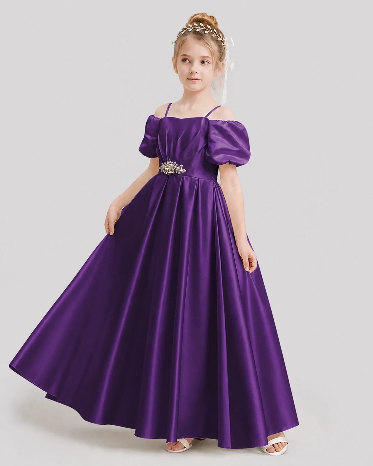Dideyttawl Off the Shoulder Puff Sleeve Satin Girl Formal Dress