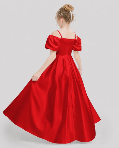 Dideyttawl Off the Shoulder Puff Sleeve Satin Girl Formal Dress
