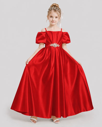 Dideyttawl Off the Shoulder Puff Sleeve Satin Girl Formal Dress