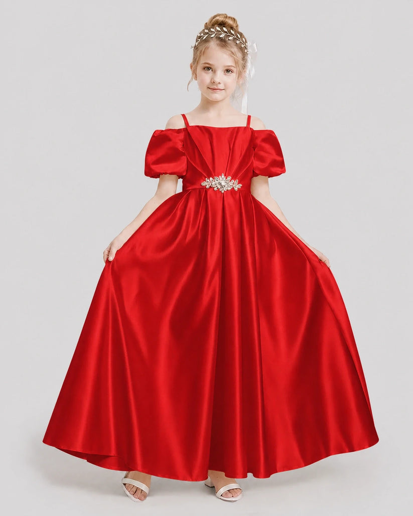 Red Satin Off-the-Shoulder Girls Formal Dresses Front View