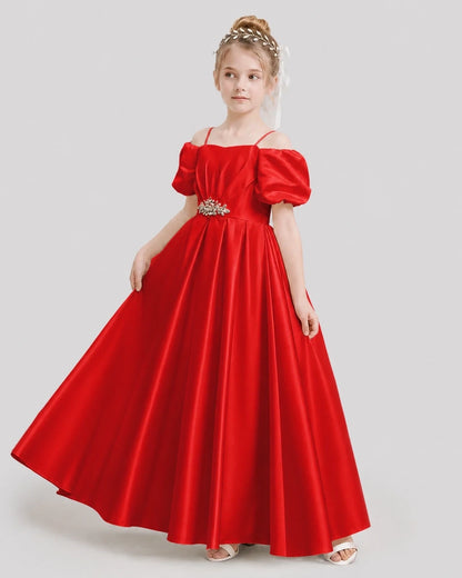 Dideyttawl Off the Shoulder Puff Sleeve Satin Girl Formal Dress