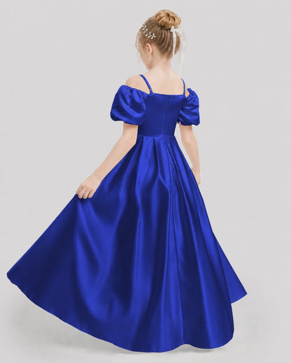 Dideyttawl Off the Shoulder Puff Sleeve Satin Girl Formal Dress