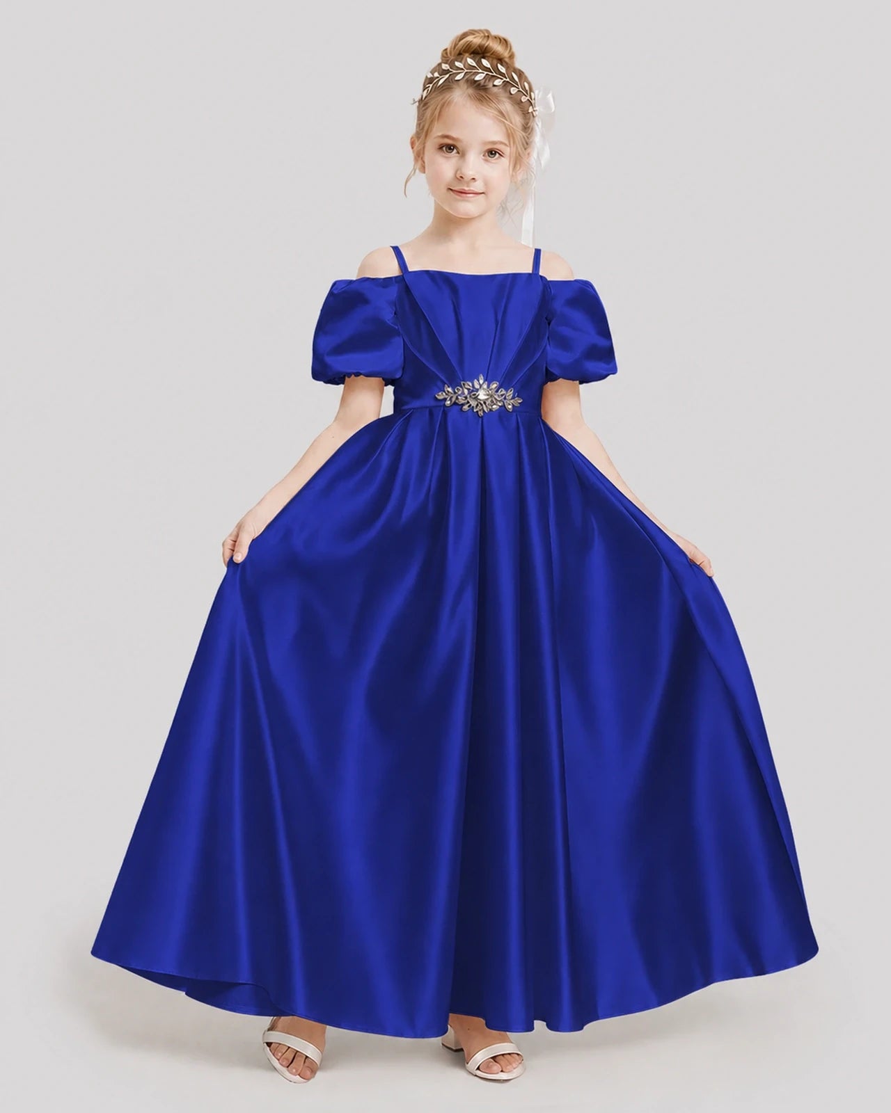 Dideyttawl Off the Shoulder Puff Sleeve Satin Girl Formal Dress