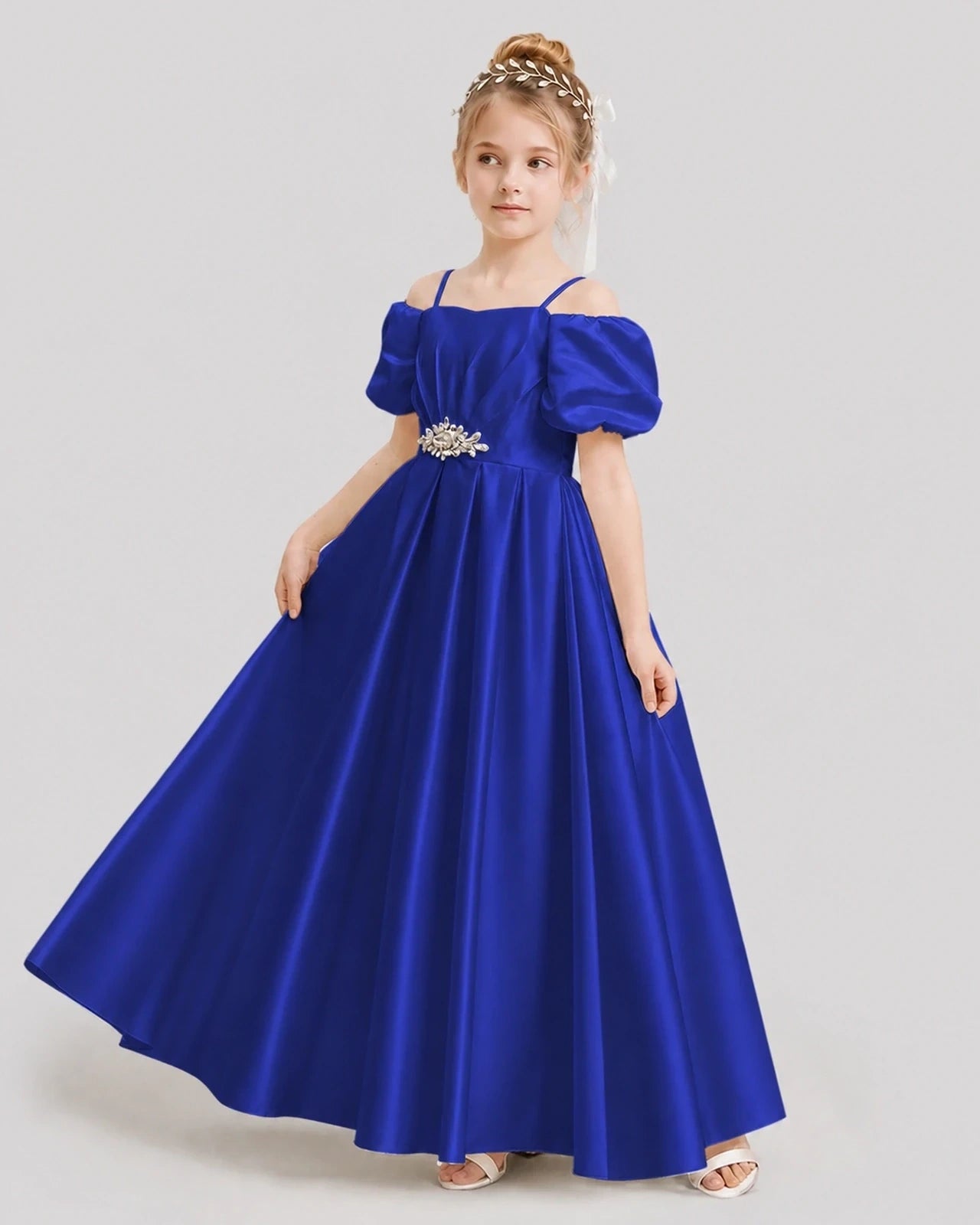 Dideyttawl Off the Shoulder Puff Sleeve Satin Girl Formal Dress