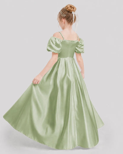 Dideyttawl Off the Shoulder Puff Sleeve Satin Girl Formal Dress