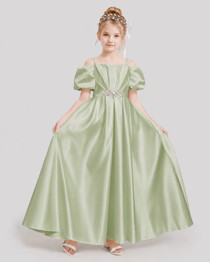 Dideyttawl Off the Shoulder Puff Sleeve Satin Girl Formal Dress