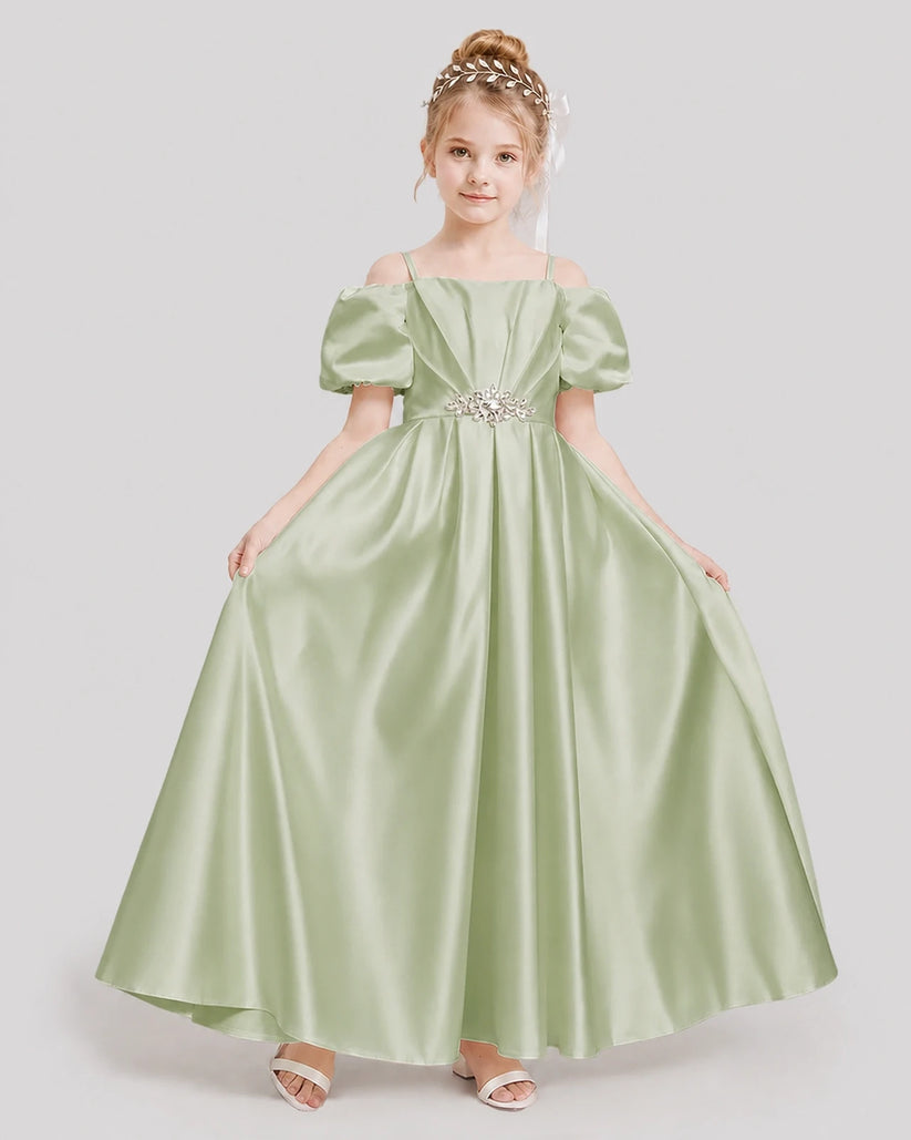 Sage Green Satin Off-Shoulder Pleated Girls Formal Dresses Front View