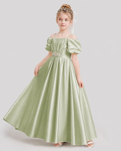 Dideyttawl Off the Shoulder Puff Sleeve Satin Girl Formal Dress